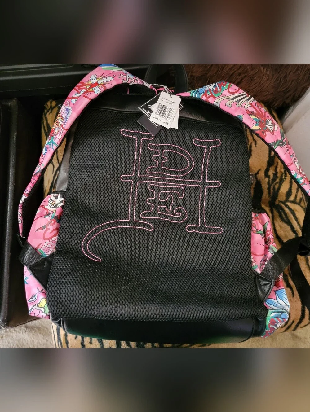 Ed Hardy Pink Tattoo-Print Backpack with Black Trim New